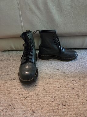 Dr. Martens Black Leather 8-Eye Lace-Up Boots with Yellow Stitching
